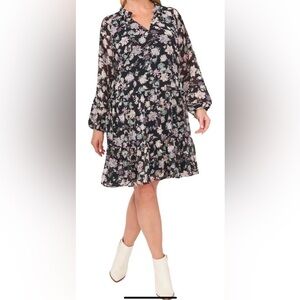 Vince Camuto Black and Purple Floral Long Sleeve Midi Dress Size - 3X